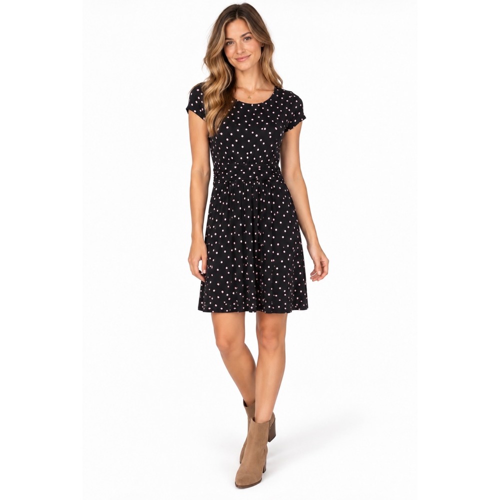 Boden Polka Dot Short Sleeve Fit & Flare Dress Black Pink US 2R J0326
